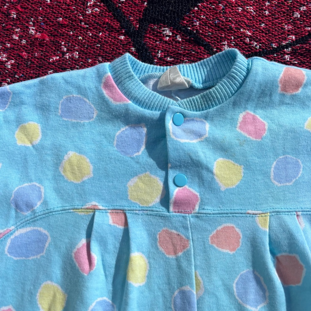 VINTAGE ONEITA KIDS BLUE GRAPHIC PRINT ONE PIECE PAJAMAS ROMPER SIZE 12 MONTHS - Picture 3 of 5